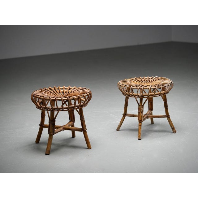 Franco Albini Rattan and Bamboo Round Ottomans by Franco Albini, 1960s, Set of 2 For Sale - Image 4 of 10