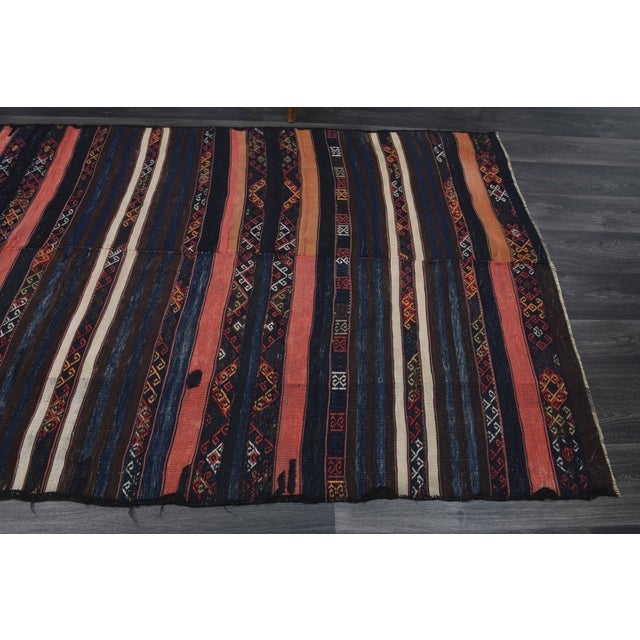 1970s Vintage Handmade Wool Cotton Dark Blue Runner Rug For Sale - Image 10 of 11