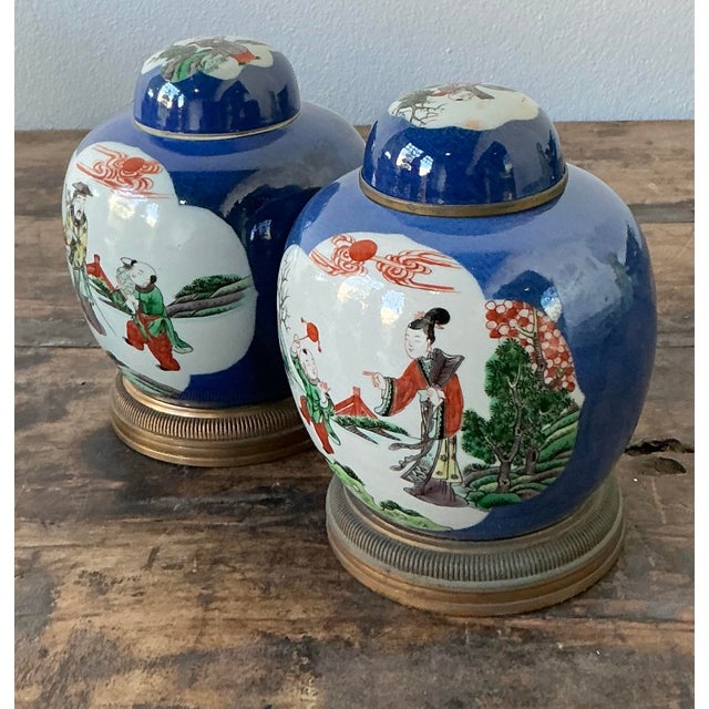 Blue Vintage Asian Famile Verte Lidded Ceramic Jars - A Pair For Sale - Image 8 of 12