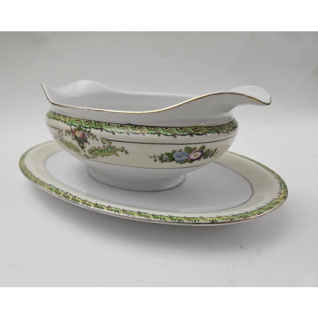 1920s Antique Noritake Gravy Boat and Attached Underplate, With Green