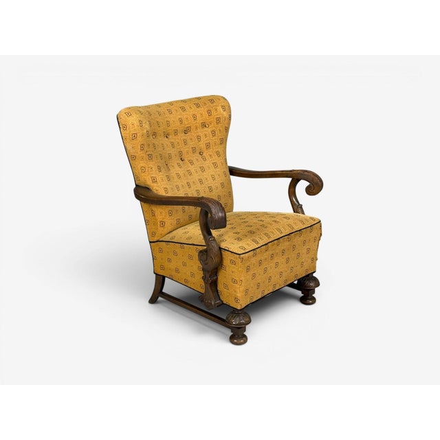 Brown Scandinavian Modern, Lounge Chair, Carved Wood, Fabric, Denmark, 1960s For Sale - Image 8 of 12