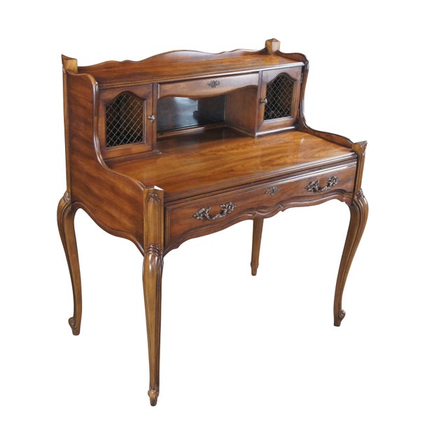French Provincial Late 20th Century National Mt Airy French Provincial Louis XV Walnut Writing Desk W Mirror & Light For Sale - Image 3 of 15