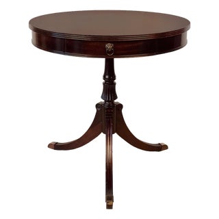 Vintage Traditional Mahogany Round Drum Table W/ Lions Head Pulls For Sale