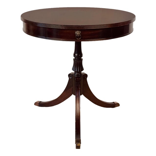 Vintage Traditional Mahogany Round Drum Table W/ Lions Head Pulls For Sale