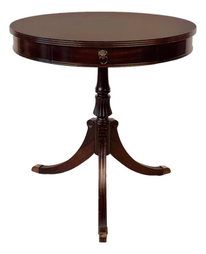 Vintage Traditional Mahogany Round Drum Table W/ Lions Head Pulls