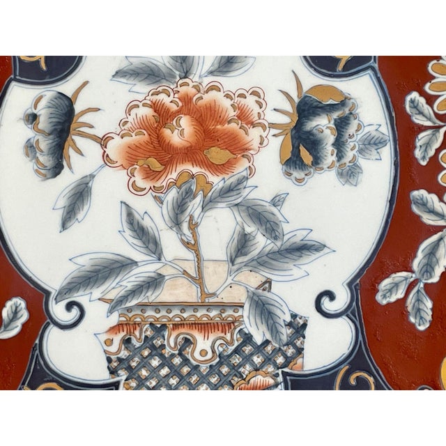 Ceramic Vintage Chinese Imari Charger Plate – Large 16" - Hand-Painted Porcelain With Peony & Floral Motif – Blue Gold For Sale - Image 7 of 9