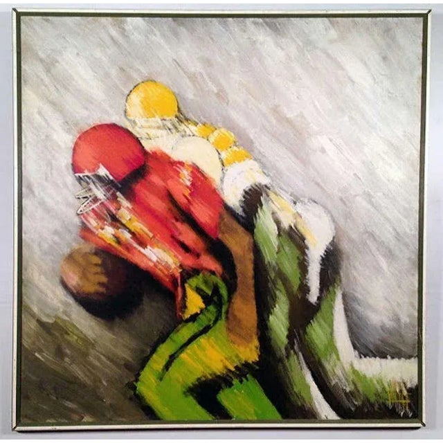 Post modern impressionist painting giving you the feeling of movement in a captured play of two football players going for...