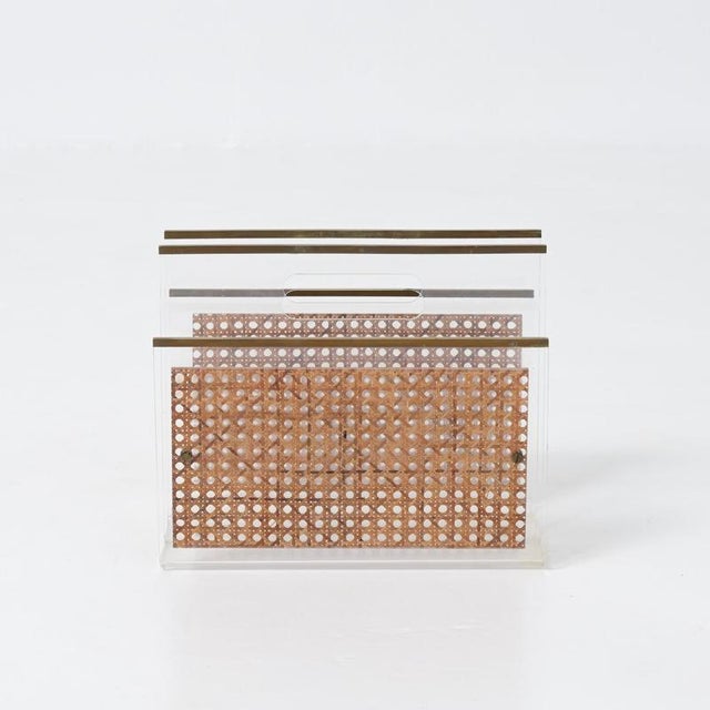Wood Acrylic Glass and Rattan Magazine Stand, 1970s For Sale - Image 7 of 18