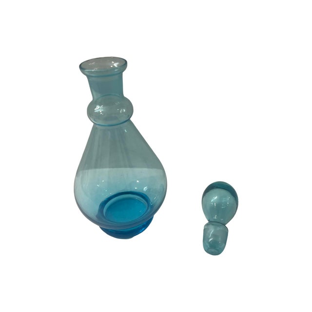 Vintage Mid Century Modern Vintage Small Blue Decanter Bottle With Stopper Hand Blown For Sale - Image 4 of 7