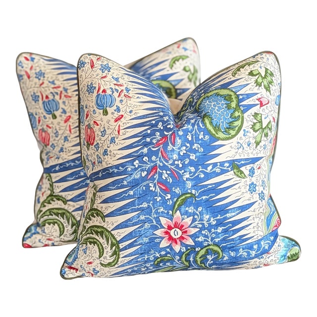 Quadrille Les Indiennes Pillows in Blue, Rouge and Green With Green Cord For Sale