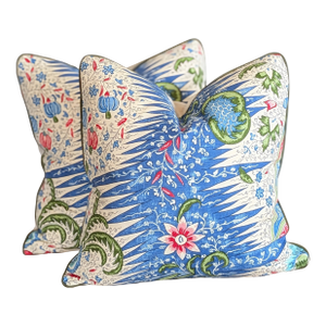 Quadrille Les Indiennes Pillows in Blue, Rouge and Green With Green Cord