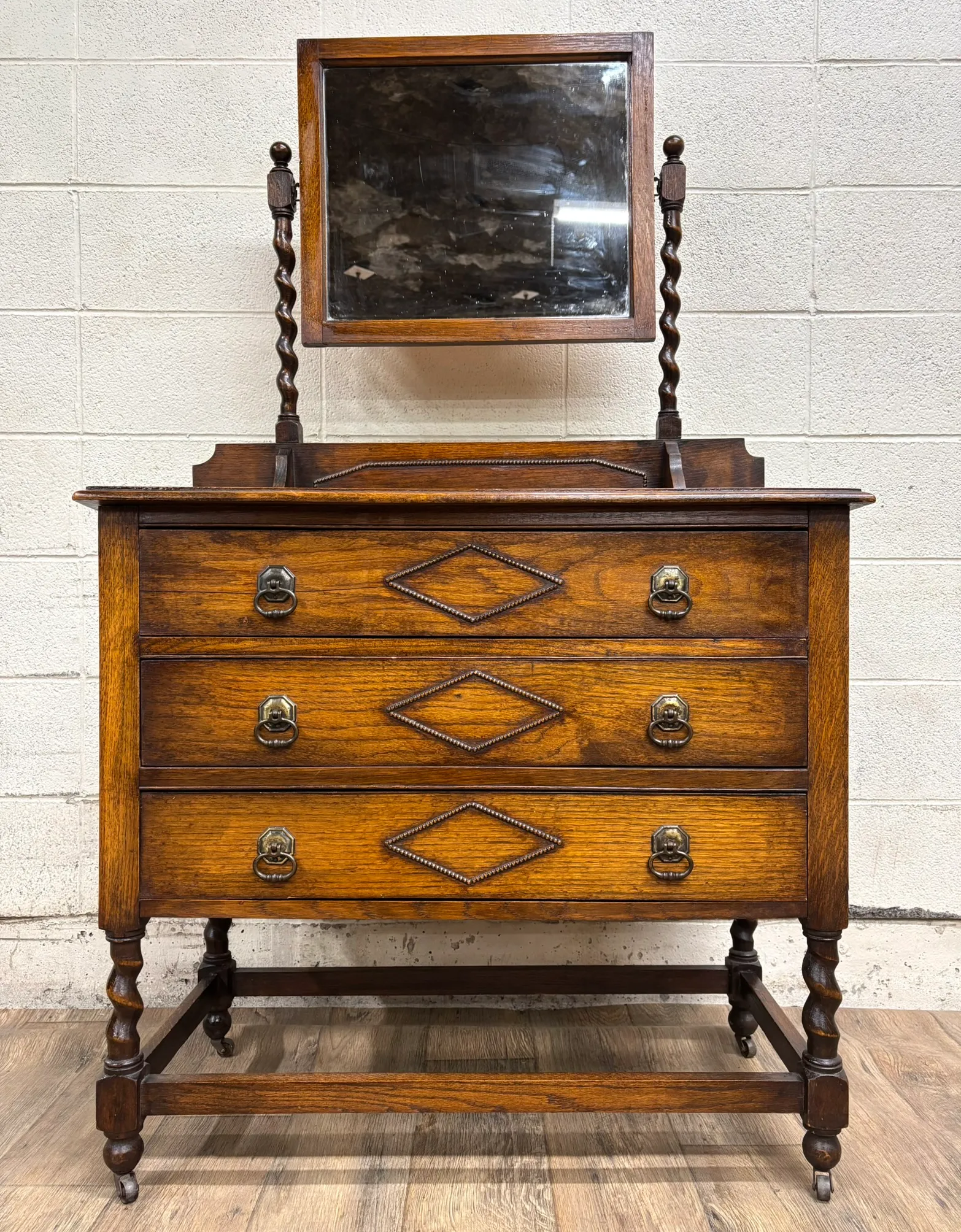 Antique Barley Twist Tiger Oak Dresser With Swivel Mirror | Chairish