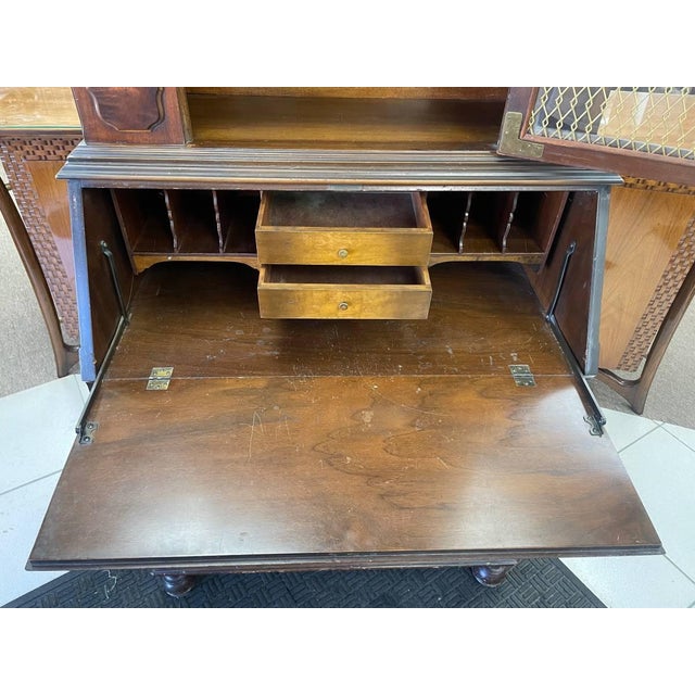 Antique Secretary Desk, Brass Backed Screen Glass Door, Burl Wood Inlay, Two Shelves For Sale In New York - Image 6 of 12