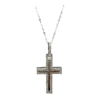 Diamond Cross Pendant Necklace in 14kt White Gold – 1.20ctw, 18in, New For Sale