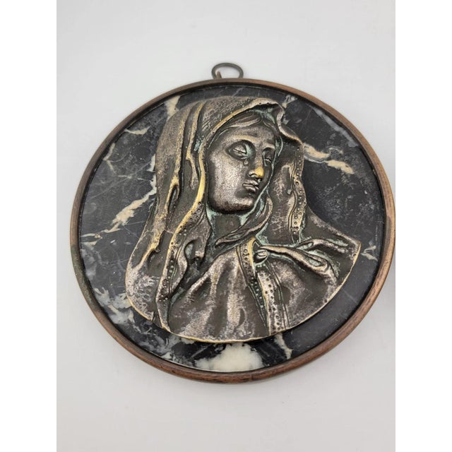 Rare One Of Kind Antique Jesus & Mary Wall Hanging Bronze & Green Marble Plaques For Sale In Houston - Image 6 of 12