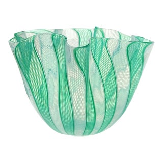 Venini Bianconi Murano Vintage Green White Italian Art Glass Mid Century Fazzoletto Sculptural Vase For Sale