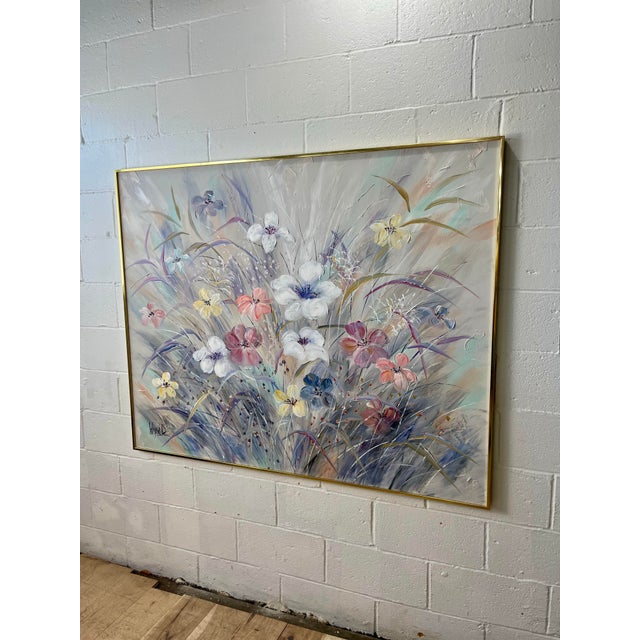 Contemporary Large Signed Lee Reynolds Floral Still Life Painting in Original Brass Frame For Sale - Image 3 of 9