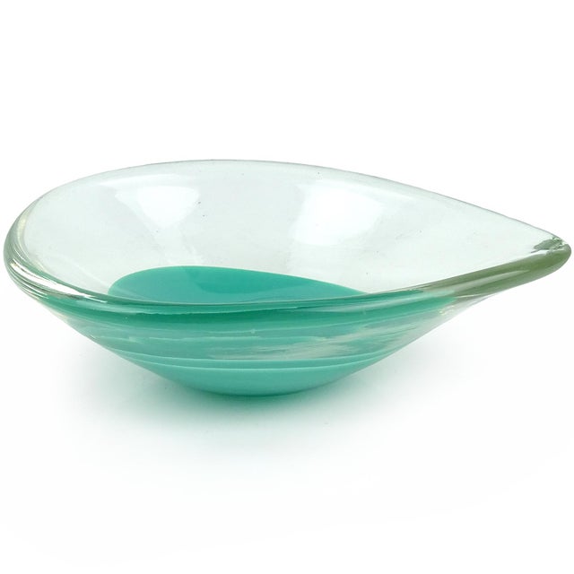 Mid-Century Modern Vintage Venini Signed Murano Tiffany Blue Teal Green Italian Art Glass Midcentury Teardrop Ring Dishes - Set of 3 For Sale - Image 3 of 4