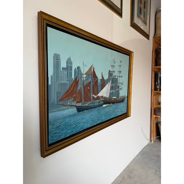 Striking large-scale 1980’s acrylic on canvas painting by Diane Kenny, depicting a dynamic maritime harbor scene set...