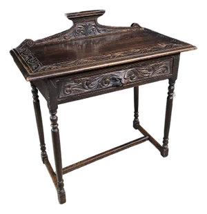 Late 19th Century English Oak Carved Table With Turned Legs and Stretcher Base