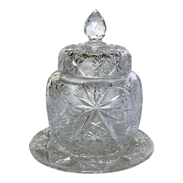 American Brilliant Cut Glass Cornflower Covered Jar and Underplate For Sale