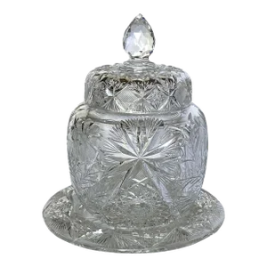 American Brilliant Cut Glass Cornflower Covered Jar and Underplate
