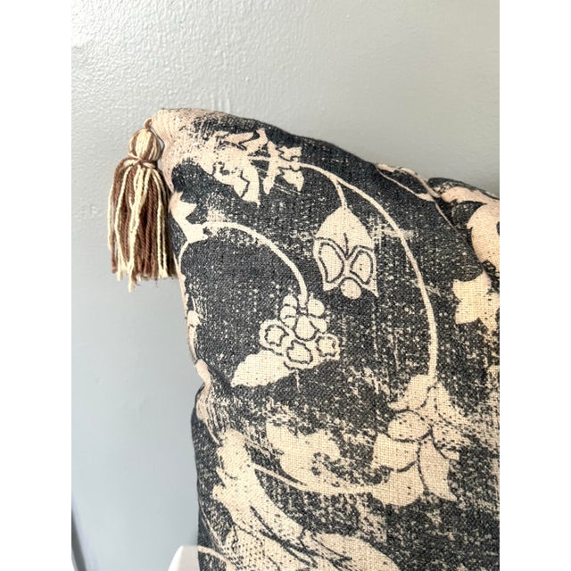 Blue and Off-White Decorative Tasseled Throw Pillow With Distressed Damask Pattern For Sale In Greensboro - Image 6 of 10