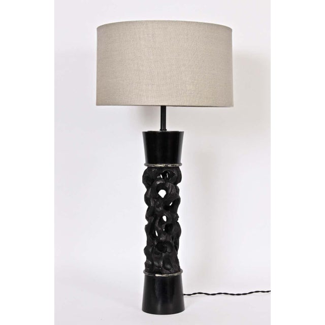 Black 1950s James Mont Carved Black Ebonized Wood Table Lamp For Sale - Image 8 of 13