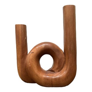 1980s Carved Wooden Candlestick Holder For Sale