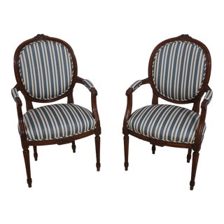 Pair Medallion Back French Louis XVI Open Armchairs For Sale
