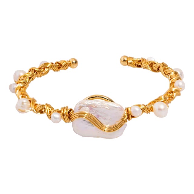 Cleopatra Twisted Design Pearl & Gold Cuff Bracelet For Sale