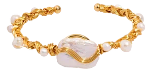 Cleopatra Twisted Design Pearl & Gold Cuff Bracelet