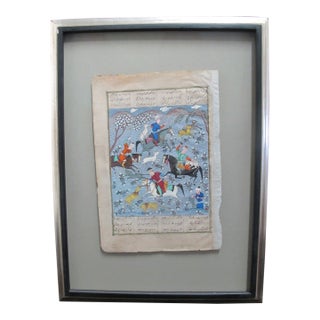 Antique Persian Illuminated Manuscript Mughal Art Horsemen Hunting Painting For Sale