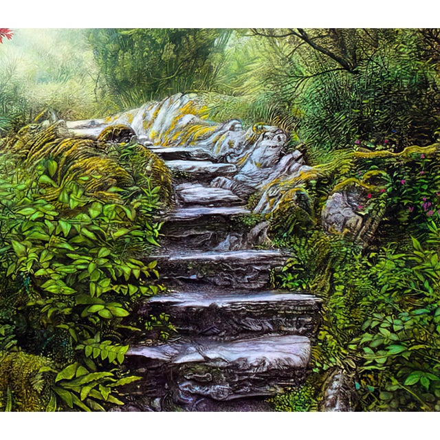 The Long Way Home by Thane Gorek | Gouache and oil on canvas Landscape with stone steps and trees For Sale - Image 4 of 4