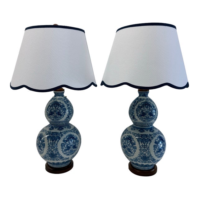 Late 20th Century Pair of Ralph Lauren Home Blue & White Porcelain Double Gourd Table Lamps With White/Blue Trim Shades For Sale