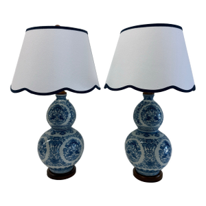 Late 20th Century Pair of Ralph Lauren Home Blue & White Porcelain Double Gourd Table Lamps With White/Blue Trim Shades
