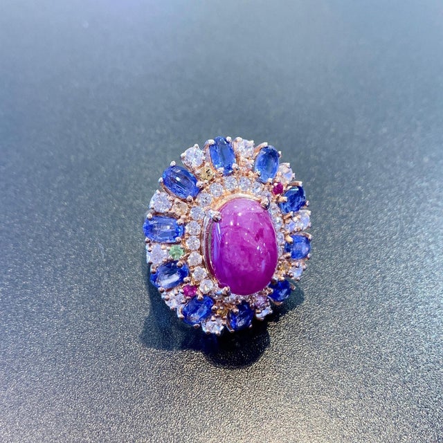 Bochic Vintage Ruby, Tanzanite & Fancy Sapphire Candy Ring Set 18K Gold & Silver For Sale In New York - Image 6 of 18