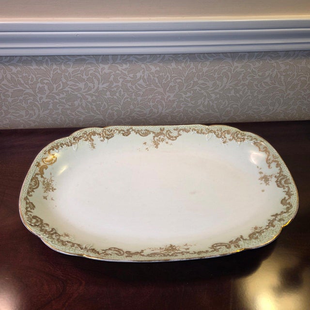 Antique Elite Works Limoges Large 13.5” Serving Platter - Celadon Dot & Gilded Scrolls Add a touch of turn-of-the-century...