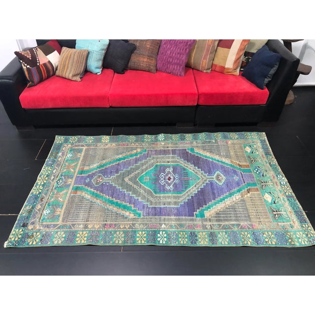 Vintage Geometric Design Turkish Handmade Wool Blue and Turquoise Rug For Sale In Phoenix - Image 6 of 11