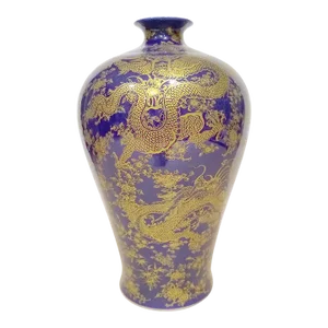 Republican Period Chinese Porcelain Cobalt Blue and Gold Dragon Mei Ping