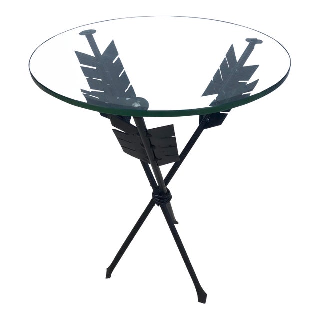 Vintage Mid Century Black Iron & Glass Arrow Side/End Accent Table For Sale