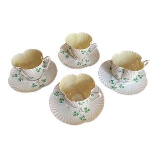 Antique Belleek Shamrock Teacups and Saucers – Set of 4 (Second Mark 1891–1926) For Sale