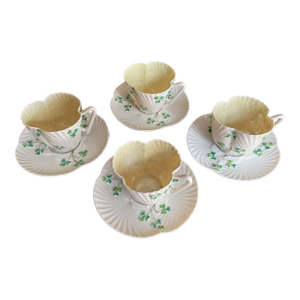 Antique Belleek Shamrock Teacups and Saucers – Set of 4 (Second Mark 1891–1926)