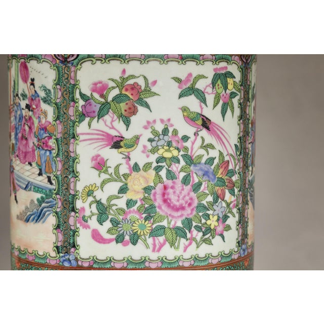 1980s Hand-Painted Rose Medallion Table Lamps with Court Scenes and Birds - a Pair For Sale - Image 11 of 12