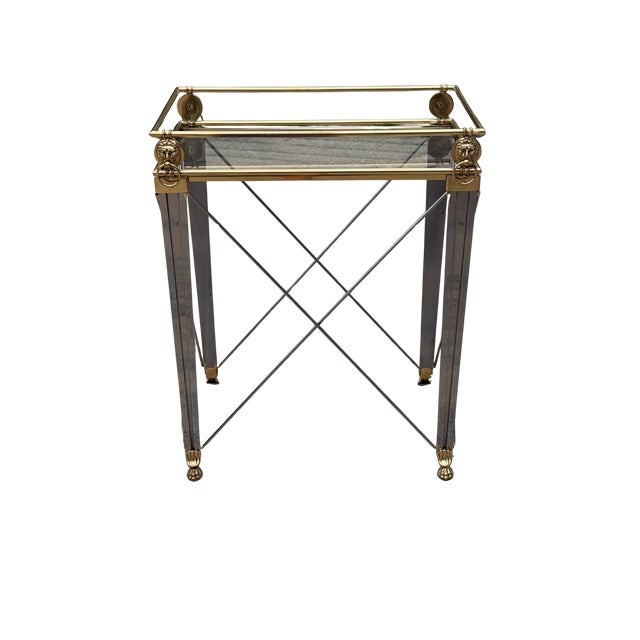 Vintage Maison Jansen Style Hollywood Regency Accent Table | French Neoclassical Brass Lion Head & Paw Feet | Glass Top Side Table For Sale - Image 10 of 15