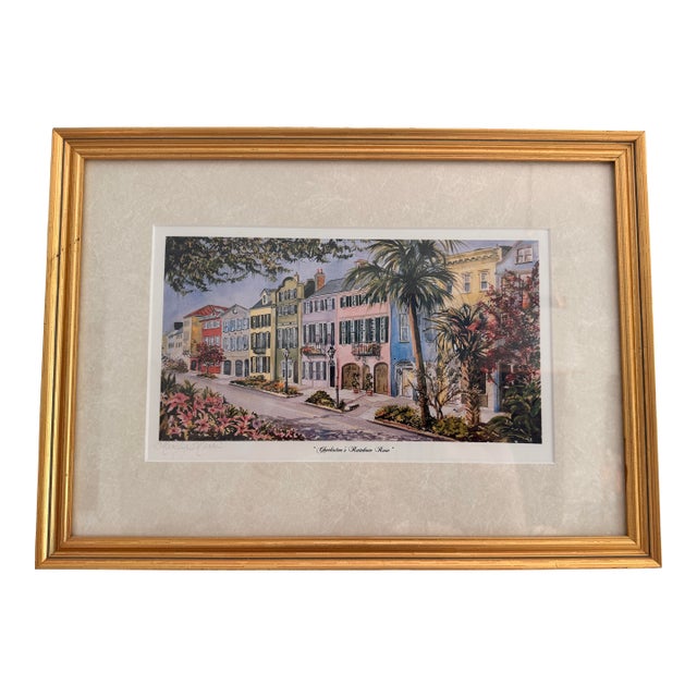 Vintage Marilyn Morris Signed “Charleston’s Rainbow Row” Framed Art Print - 17.25” X 12.5” For Sale