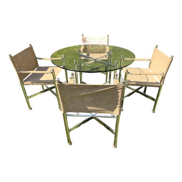 Vintage Campaign Maison Jansen Style, Pace Chrome Table & Director Arm Chairs, Suede Leather Chrome and Brass C. 1970s For Sale