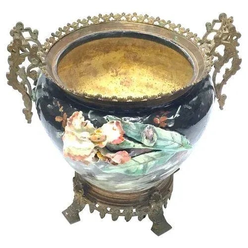 19th Century Large Antique Barbotine Majolica Jardiniere For Sale - Image 5 of 13