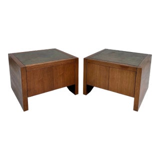 Vintage Baughman-Style Wood Side Tables With Metallic Top For Sale