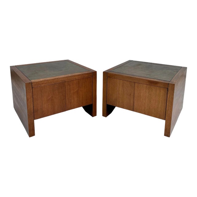 Vintage Baughman-Style Wood Side Tables With Metallic Top For Sale